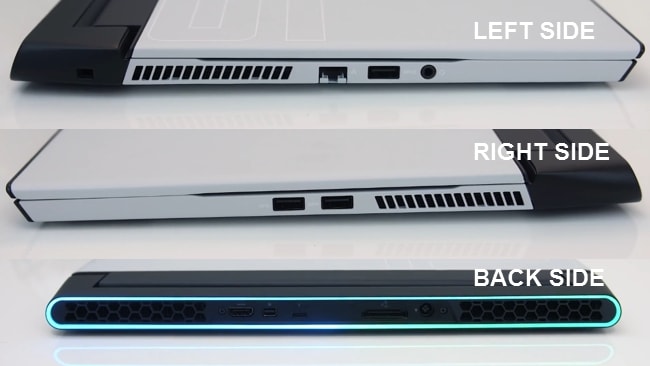 Placement of the air exhausts at the left, right, and back sides of the Dell Alienware m15 r2 laptop.