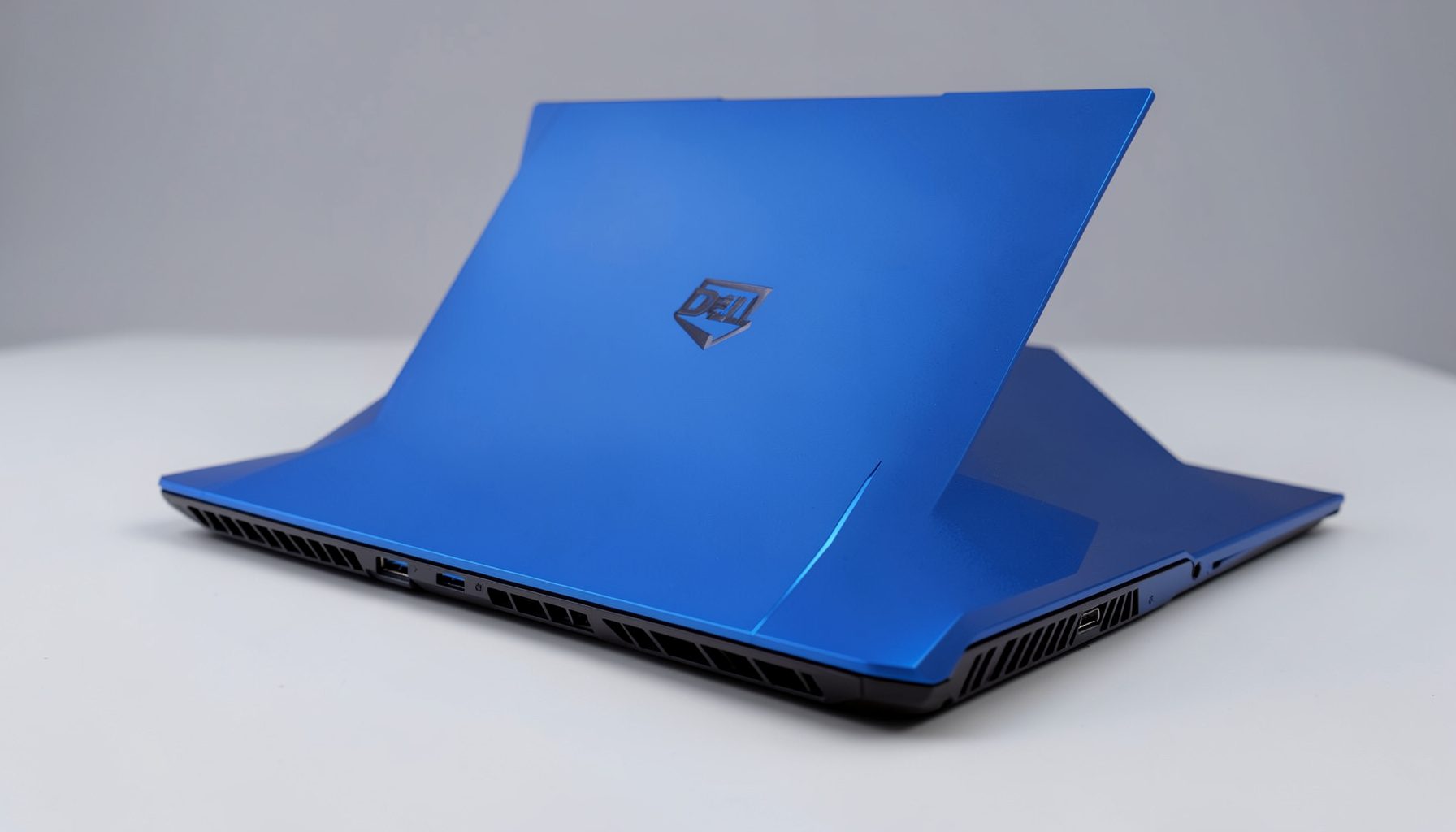 Blue-accented Dell gaming laptop with bold rear exhaust vents, modern gamer look