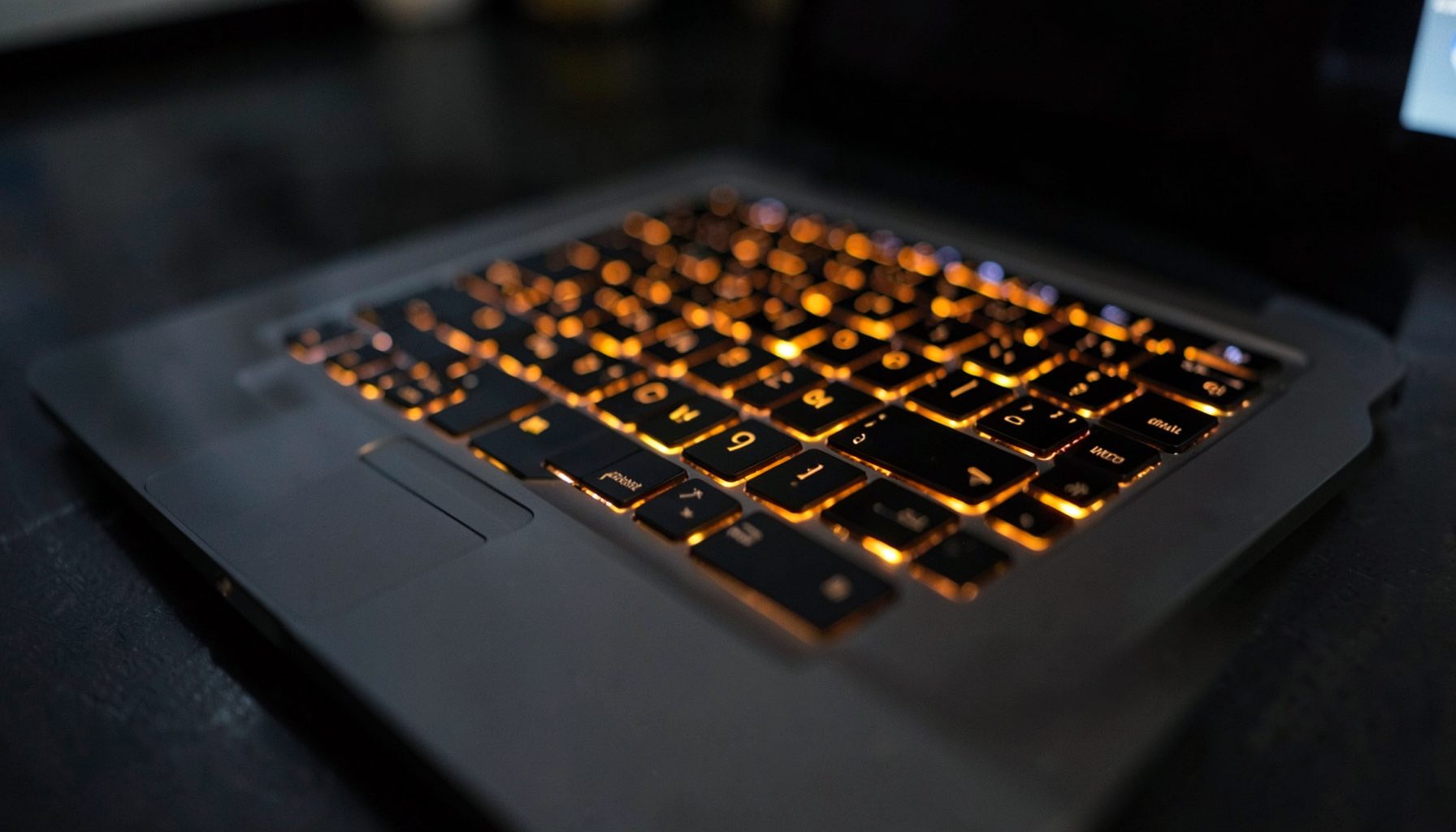 Close-up of a laptop keyboard with amber backlighting, set against a dark desk with subtle reflections