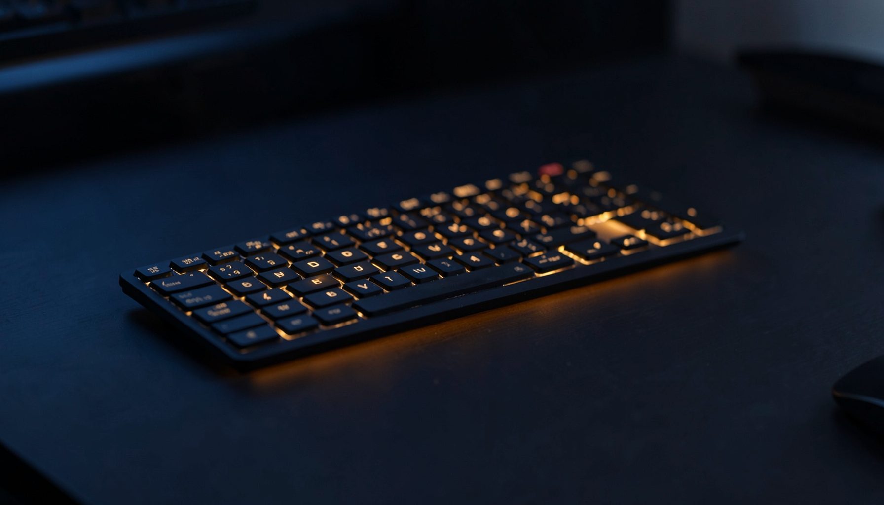 Dark desk surface with a wireless keyboard softly lit by warm amber glow, deep navy and charcoal tones