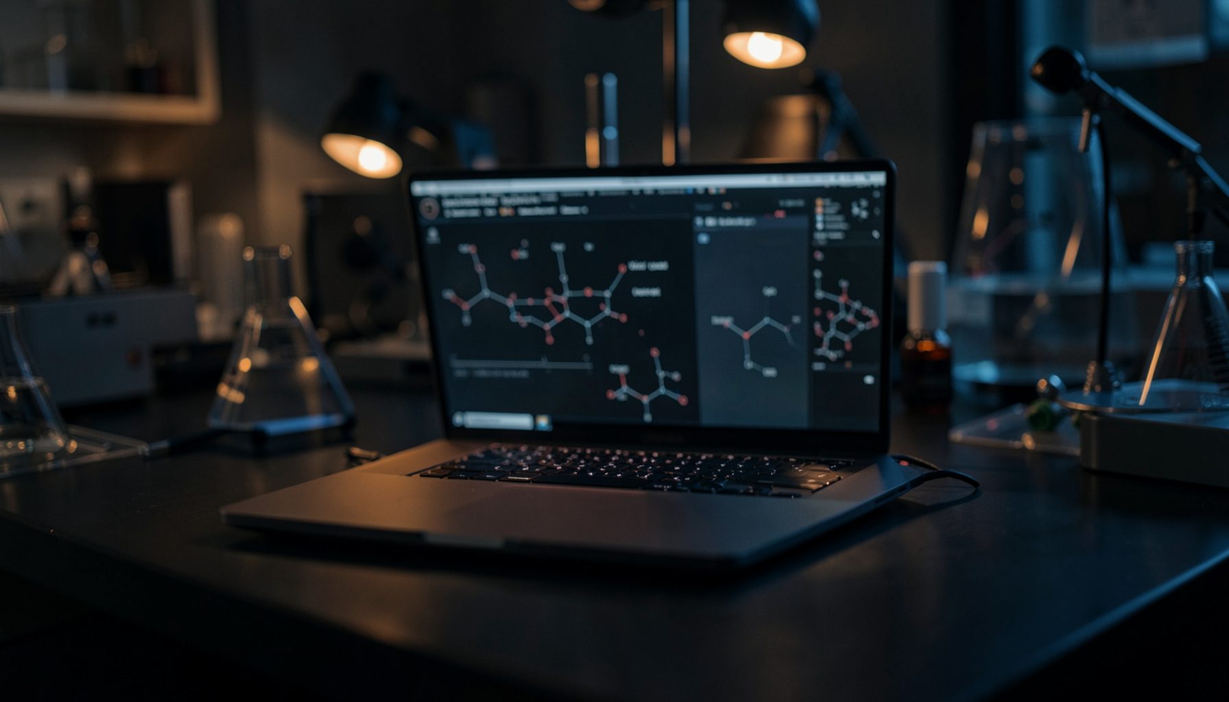 Dark laboratory workspace with a laptop displaying molecular structures, warm amber and deep blue tones, moody academic atmosphere