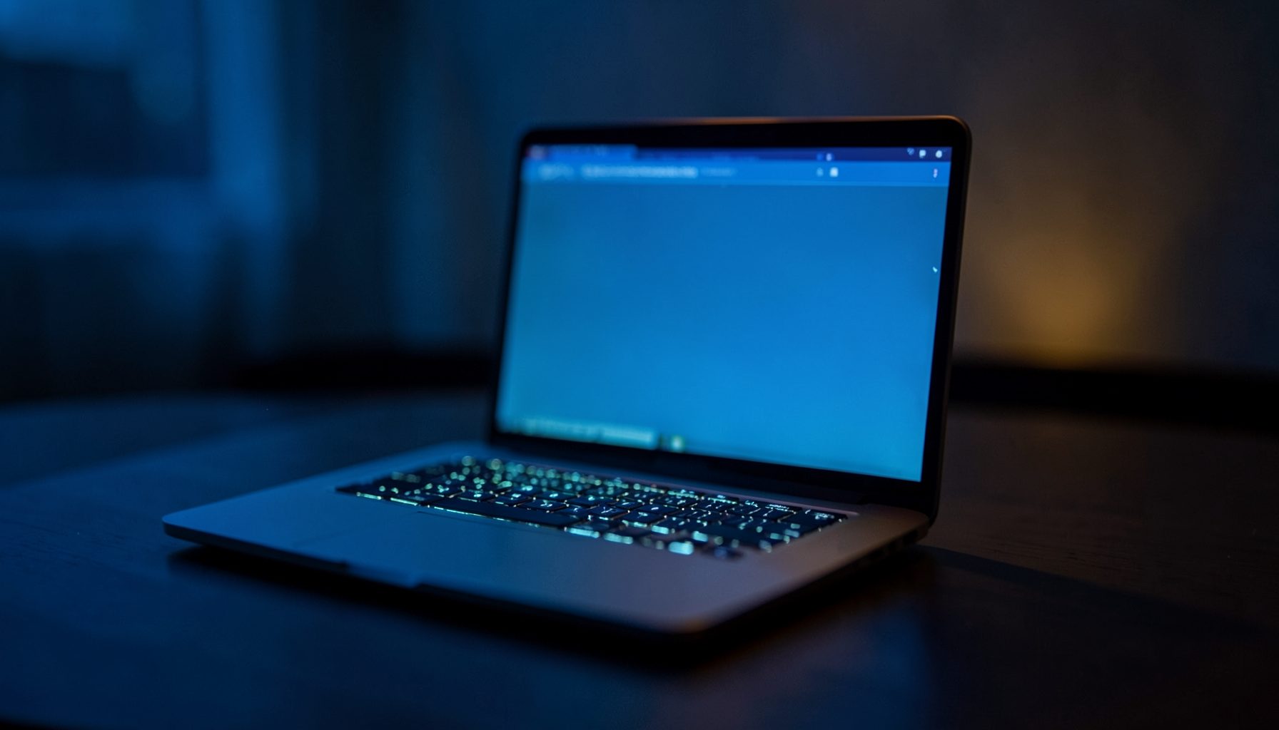 Laptop with screen glowing in a dim room, cool blue tones with warm amber accents