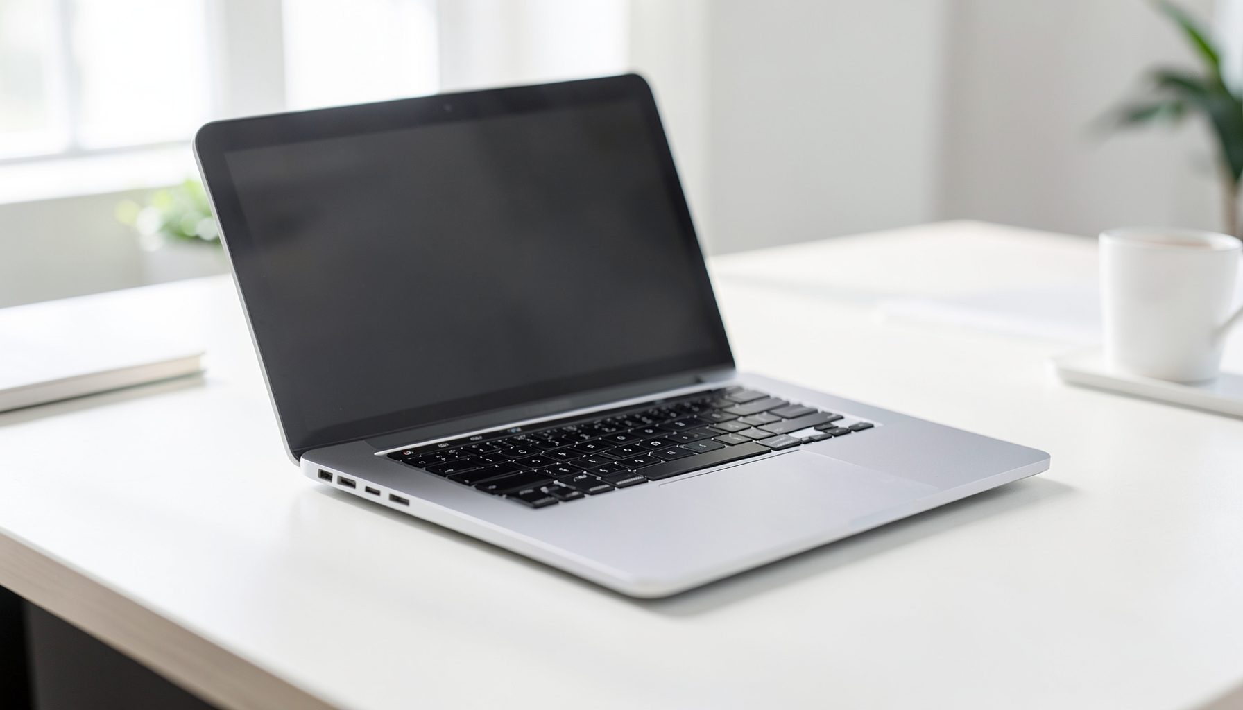 Sleek modern laptop on a bright desk, silver and white tones with soft natural light