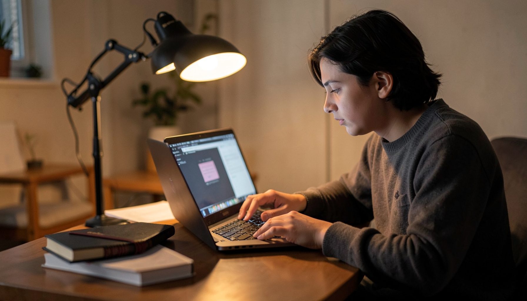 Student working on a laptop with textbooks nearby, warm study-lamp ambiance